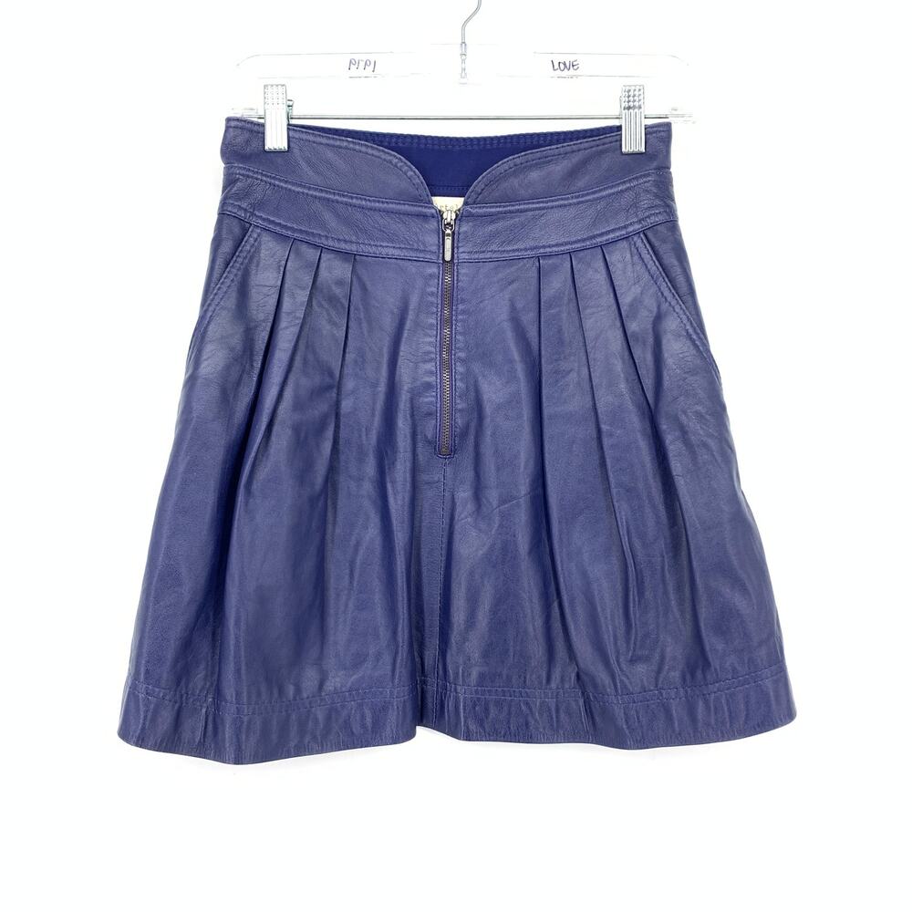 Nicole Miller A-Line Pleated Mini Skirt Womens Sz 2 Blue Lamb Leather Zip Front